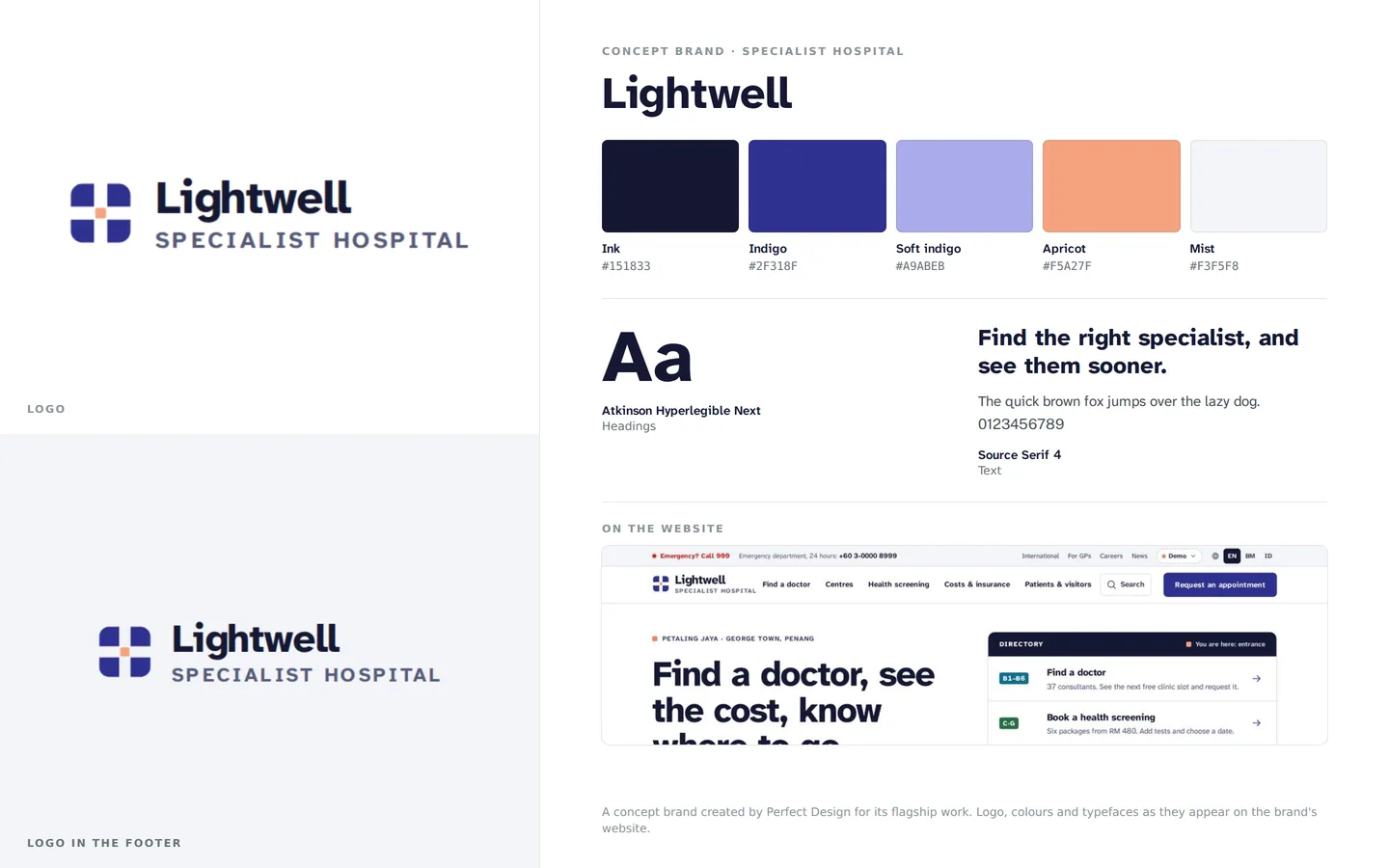 Lightwell brand board: the logo on light and dark, five brand colours with their names and hex codes, the heading and text typefaces, and the brand’s website