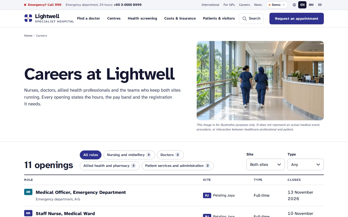 Private hospital careers page with 11 sample openings filtered by role group, site and type, Lightwell concept prototype