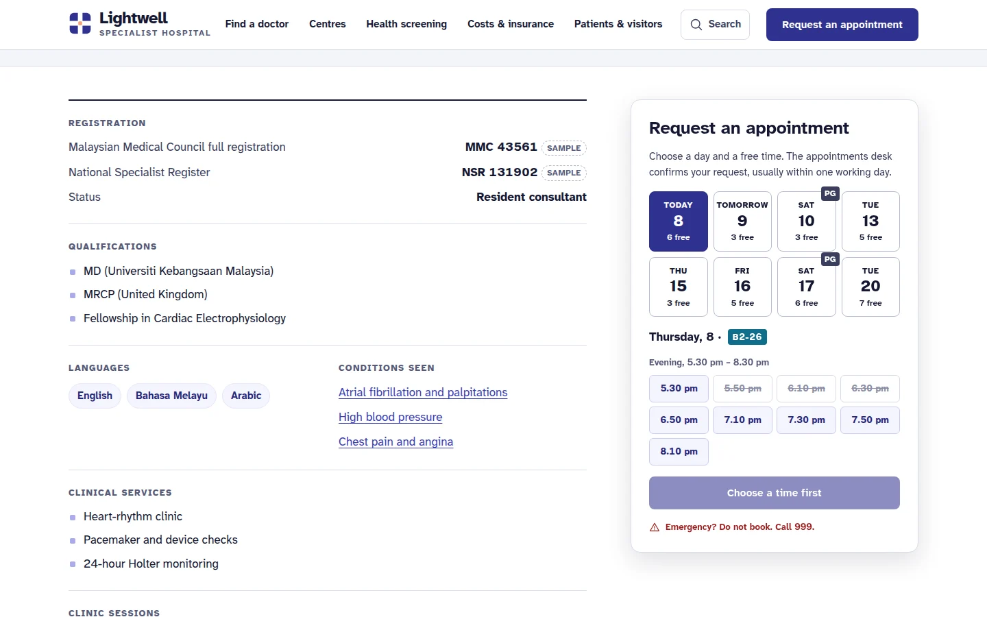Doctor profile with registration, qualifications and languages beside an appointment slot picker, Lightwell concept
