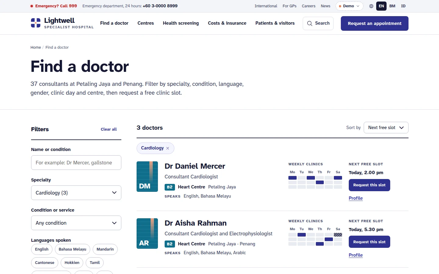 Hospital find-a-doctor page filtered by specialty, with each cardiologist’s next free clinic slot, Lightwell concept