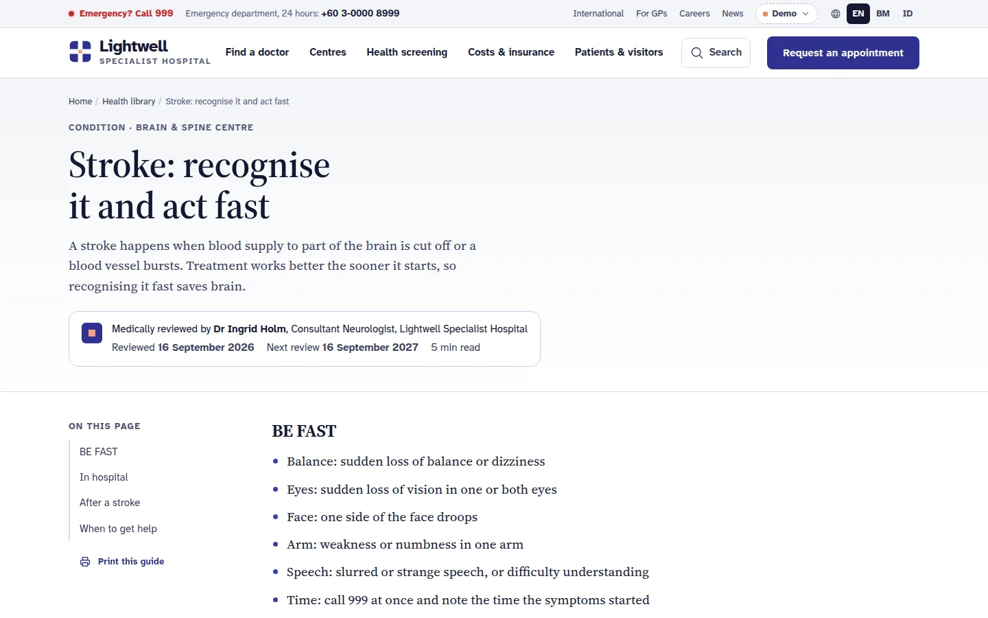 Health library guide on recognising a stroke, with the medical reviewer and review dates, Lightwell concept prototype