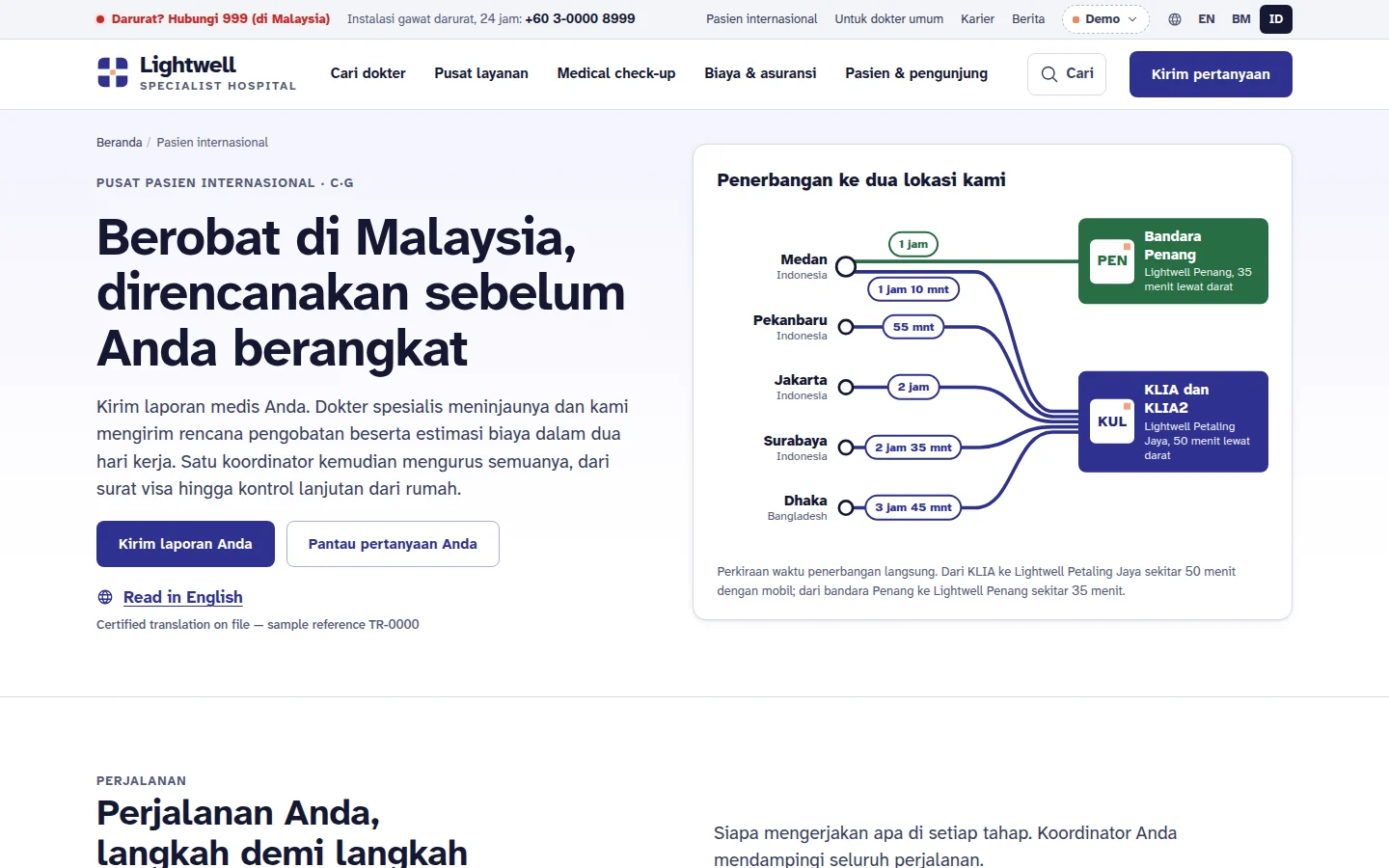 International patient centre page in Bahasa Indonesia with flight times to both hospital sites, Lightwell concept prototype