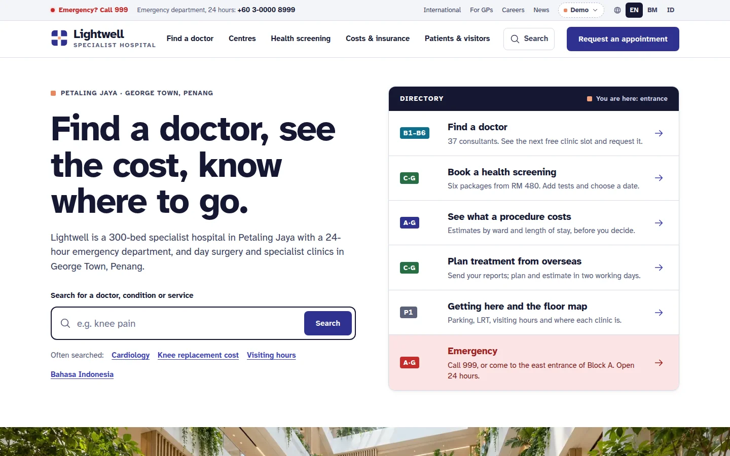 Private hospital homepage, Find a doctor, see the cost, know where to go, with a lobby-style directory, Lightwell concept