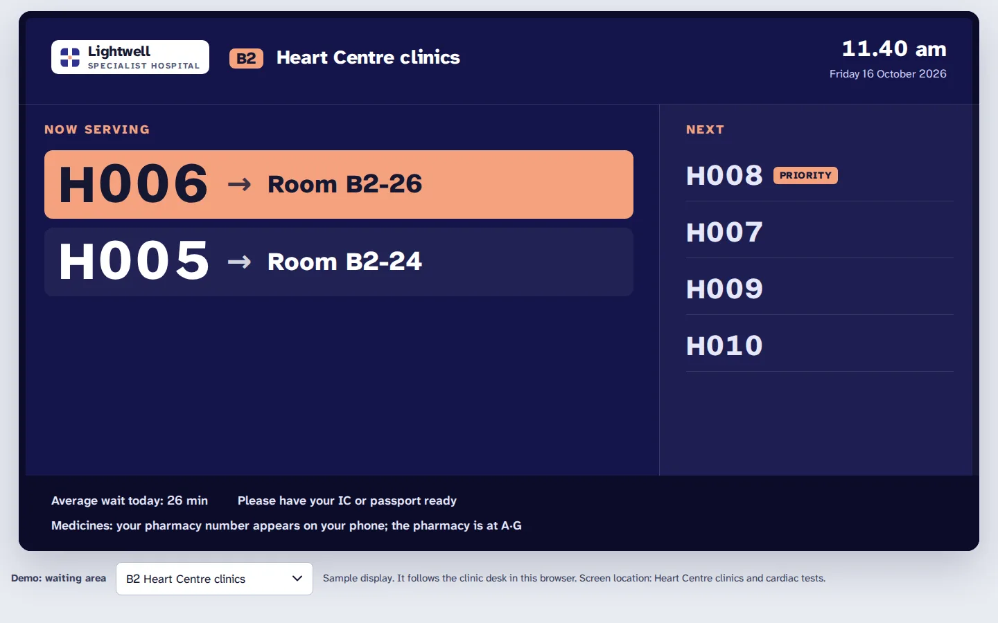 Now serving screen for a clinic waiting area showing numbers with their rooms and the next numbers, one marked priority, Lightwell concept prototype