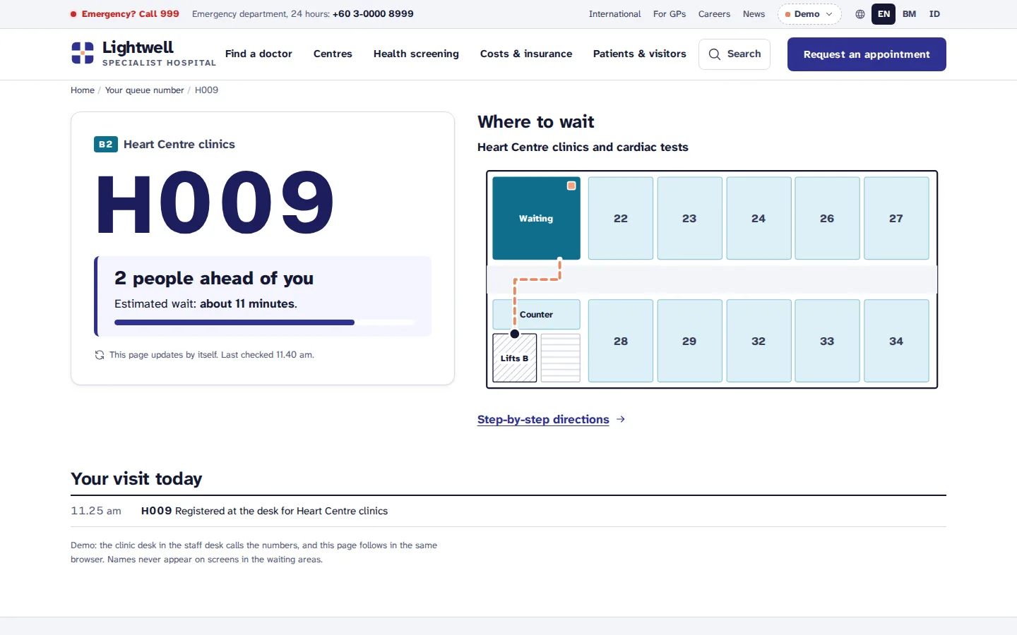 Hospital queue number page on a phone: number H009 with two people ahead, the estimated wait and where to wait on the floor plan, Lightwell concept prototype