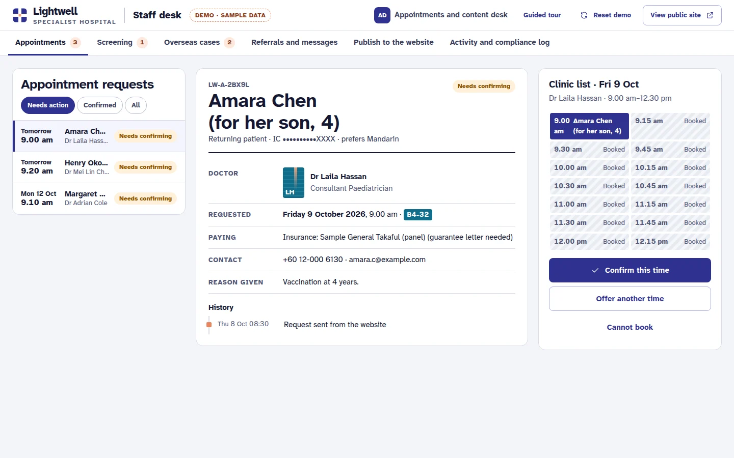Hospital staff appointments desk: request queue, request details and the doctor’s clinic list, Lightwell concept prototype