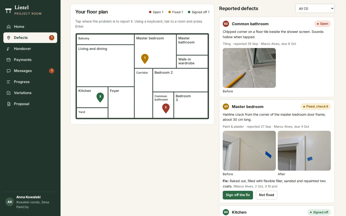 Defects on the floor plan
