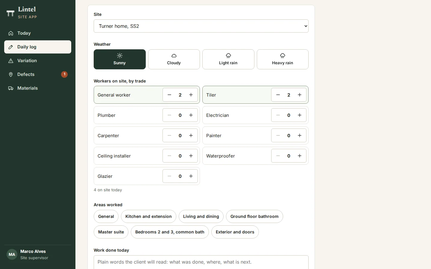 Site app: daily log