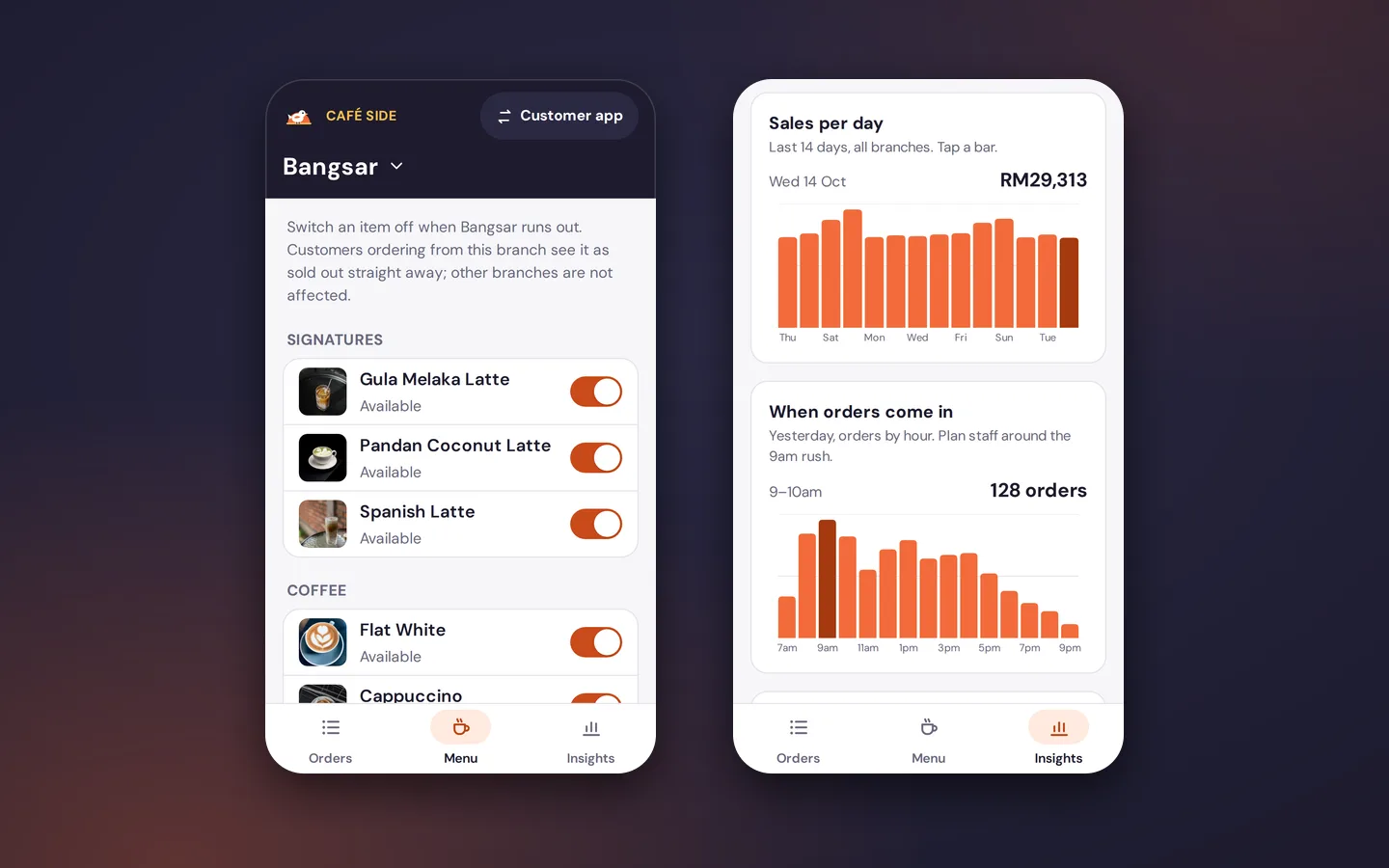 Café side of the app: sold-out switches for one branch’s menu, beside the owner’s charts of sales per day and orders by hour, Little Lark sample app