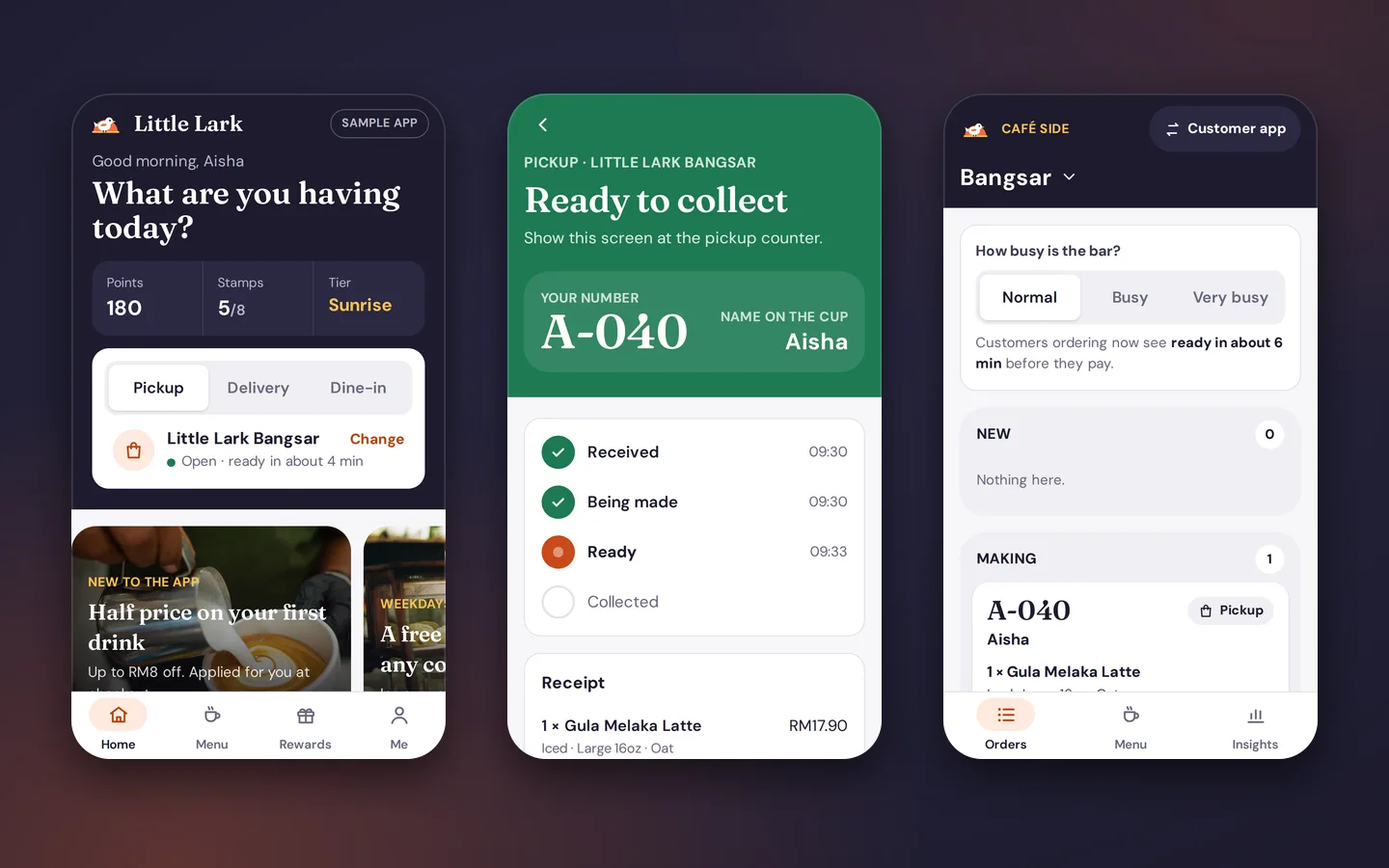 Three phone screens from a café ordering app: the home screen with points and pickup, a ready-to-collect order with its pickup number, and the bar’s order board, Little Lark sample app