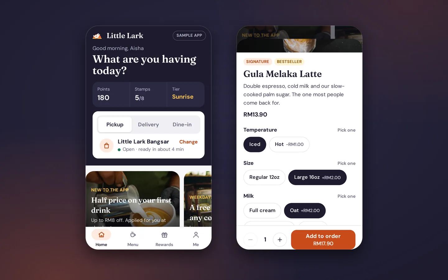 Café app home screen with pickup, delivery or dine-in at a branch, beside a latte’s options for temperature, size and milk, Little Lark sample app