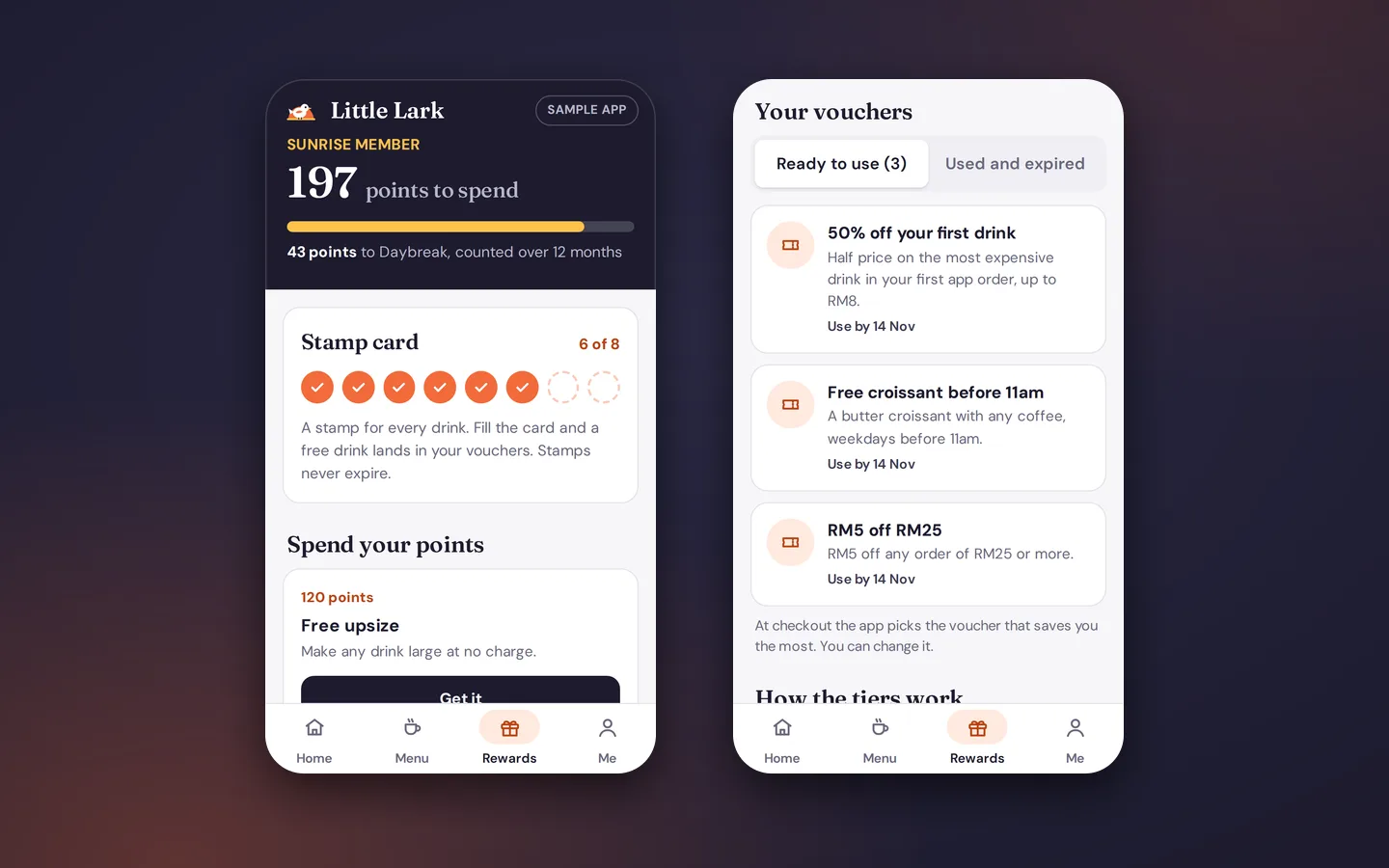 Café app rewards screen with points, a stamp card and points to spend, beside a list of vouchers ready to use, Little Lark sample app