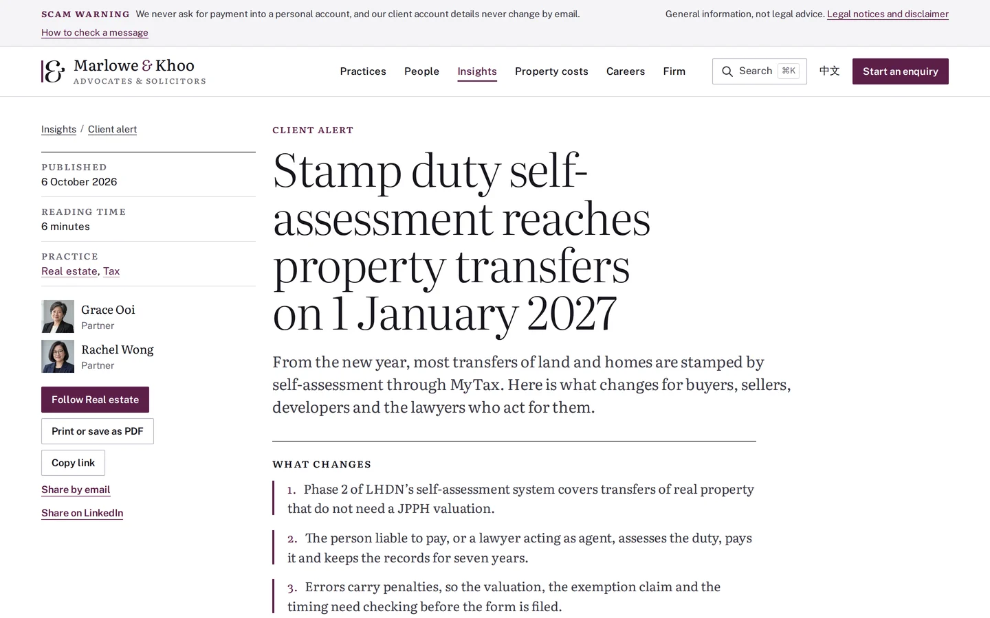 Client alert article on stamp duty self-assessment for property transfers, set for reading, Marlowe & Khoo concept