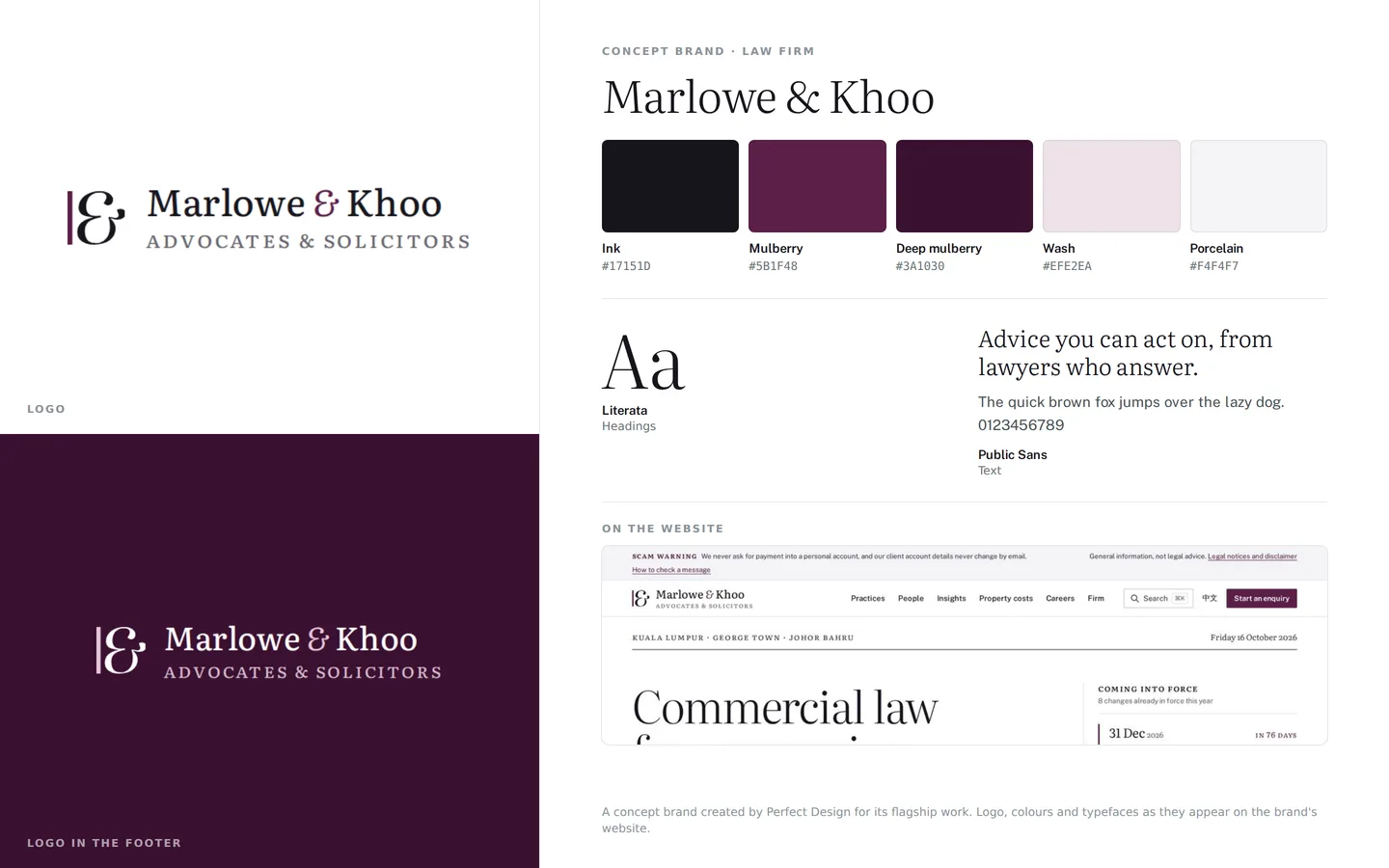 Marlowe & Khoo brand board: the logo on light and dark, five brand colours with their names and hex codes, the heading and text typefaces, and the brand’s website