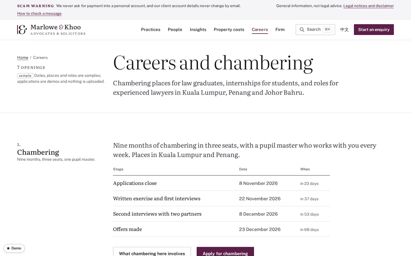 Law firm careers page with a dated chambering intake timeline and roles for lawyers, Marlowe & Khoo concept