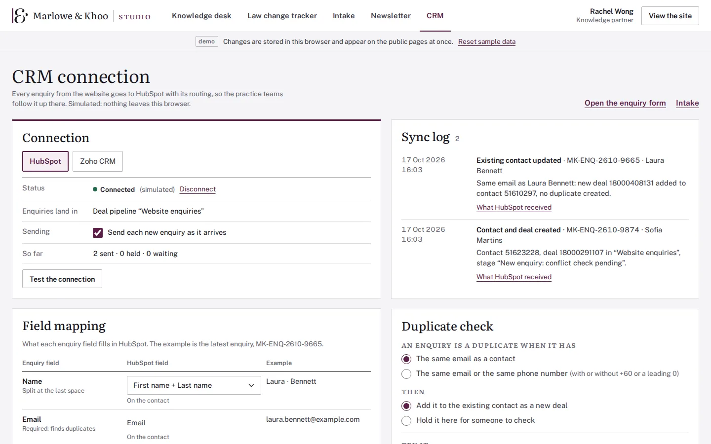 CRM connection to HubSpot with a sync log, field mapping and the duplicate rule for website enquiries, simulated, Marlowe & Khoo concept prototype