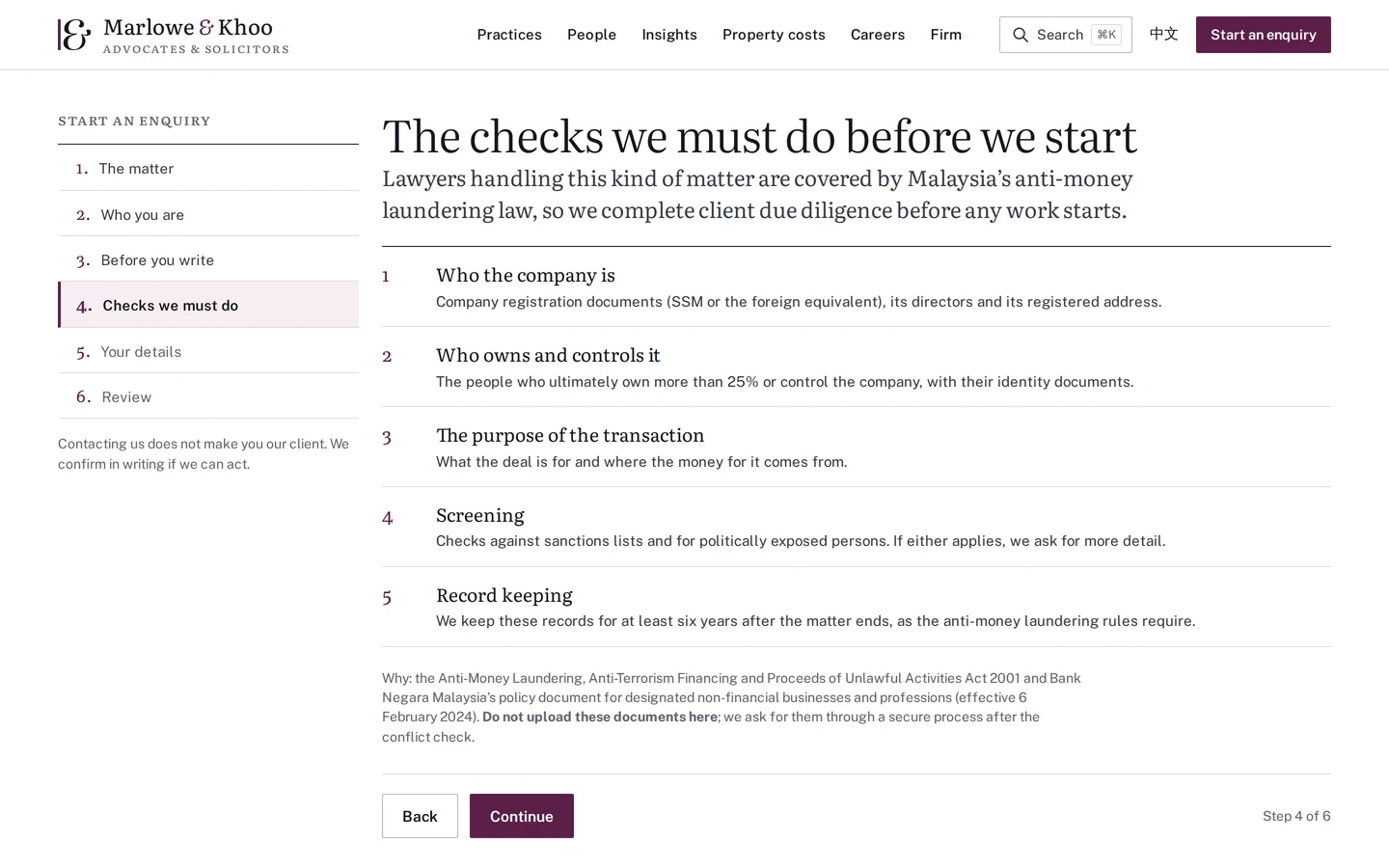 Legal enquiry step listing the due-diligence checks required before work starts, Marlowe & Khoo concept prototype