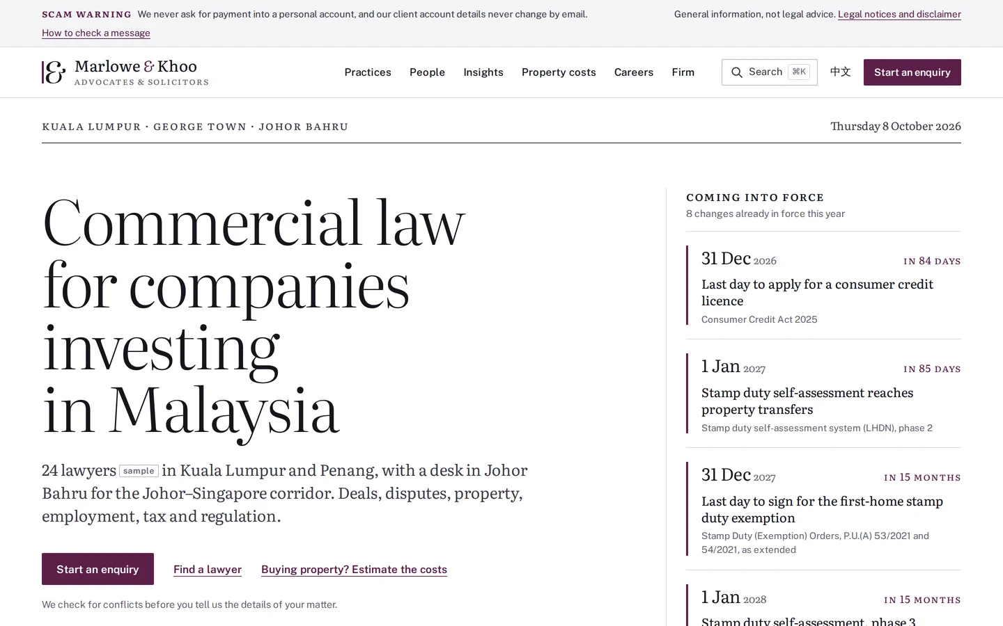 Law firm front page, Commercial law for companies investing in Malaysia, beside dated law changes, Marlowe & Khoo concept