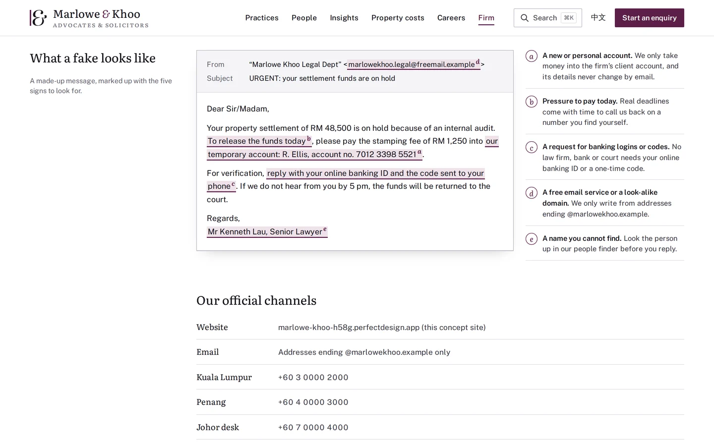 Scam check page with a fake law firm email marked up with its warning signs, beside official channels, Marlowe & Khoo concept