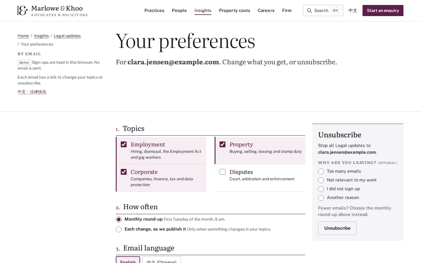 Newsletter preference centre with topics, frequency and email language, and an unsubscribe panel, Marlowe & Khoo concept prototype