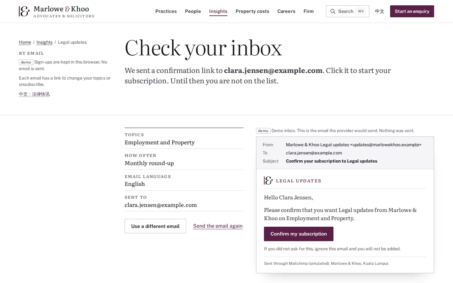 Law firm newsletter sign-up asking the reader to confirm by email, beside the confirmation email in a demo inbox, Marlowe & Khoo concept prototype