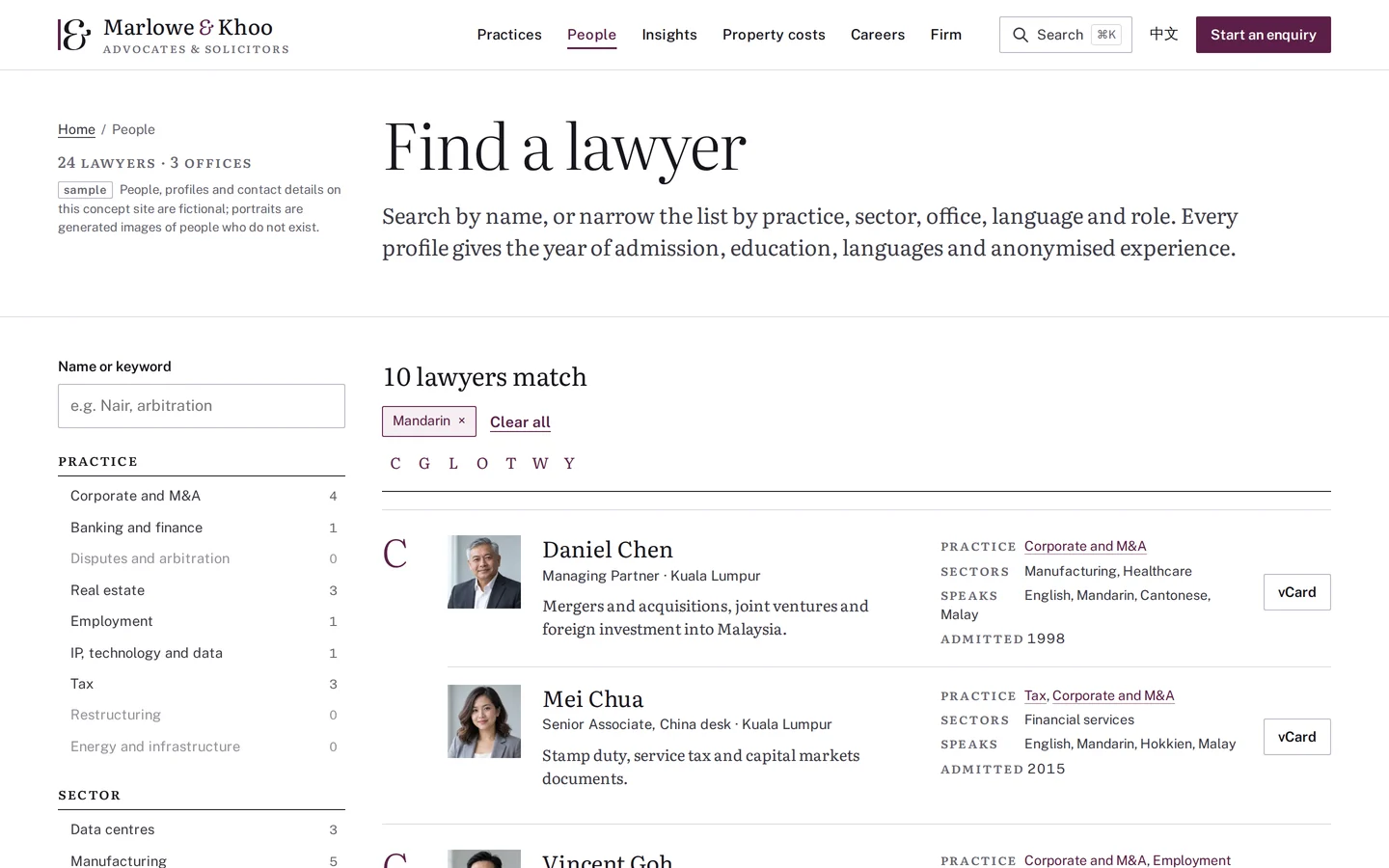 Lawyer finder filtered by practice, sector, office and language, with matching lawyers listed, Marlowe & Khoo concept