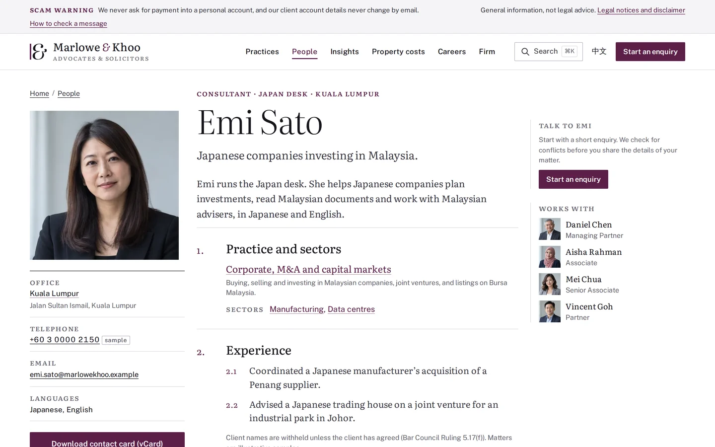 Lawyer profile laid out like a CV in numbered clauses, with a sample portrait, Marlowe & Khoo law firm concept prototype