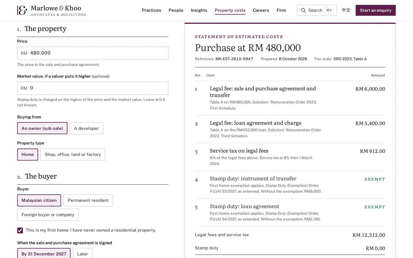 Property purchase cost statement: legal fees, service tax and stamp duty on RM 480,000, Marlowe & Khoo concept prototype