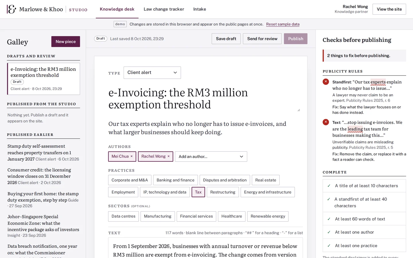 Law firm content studio flagging wording the publicity rules forbid before an article can publish, Marlowe & Khoo concept