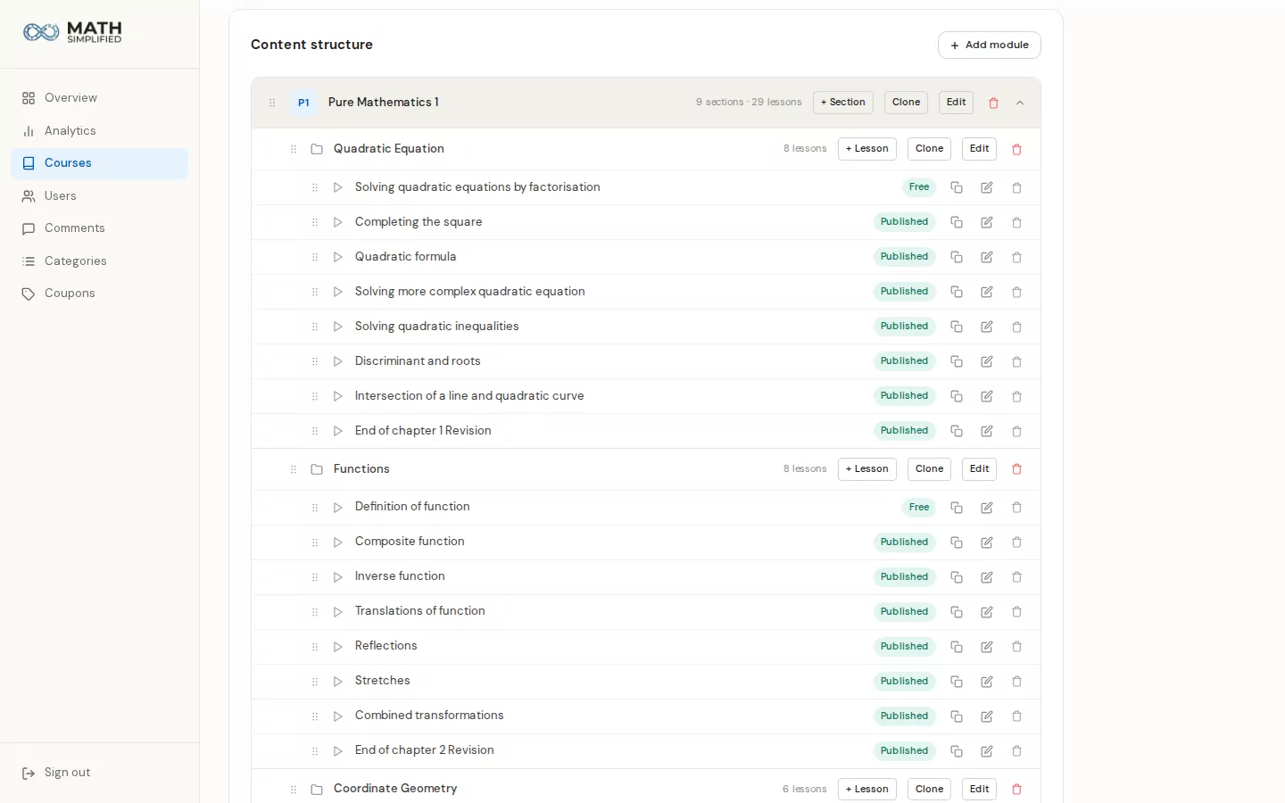 The Math Simplified course builder: chapters and lessons in a tree with publish and free preview badges
