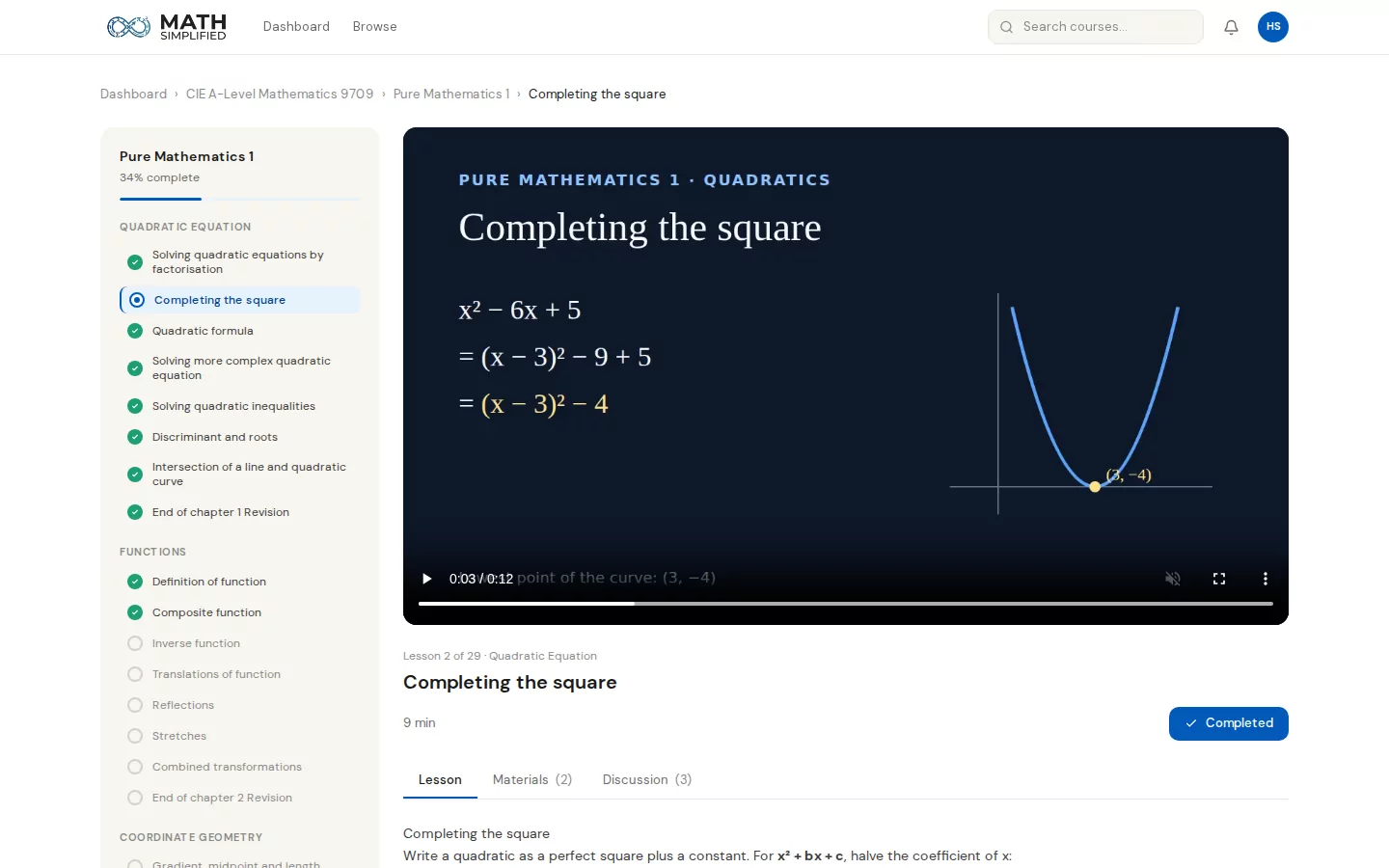 A Math Simplified lesson: the video player on completing the square, beside the chapter list with lessons ticked