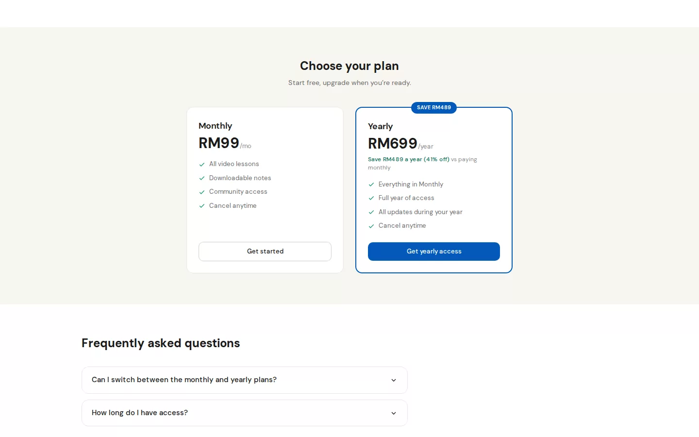 Math Simplified monthly and yearly plan cards, the yearly one showing its saving