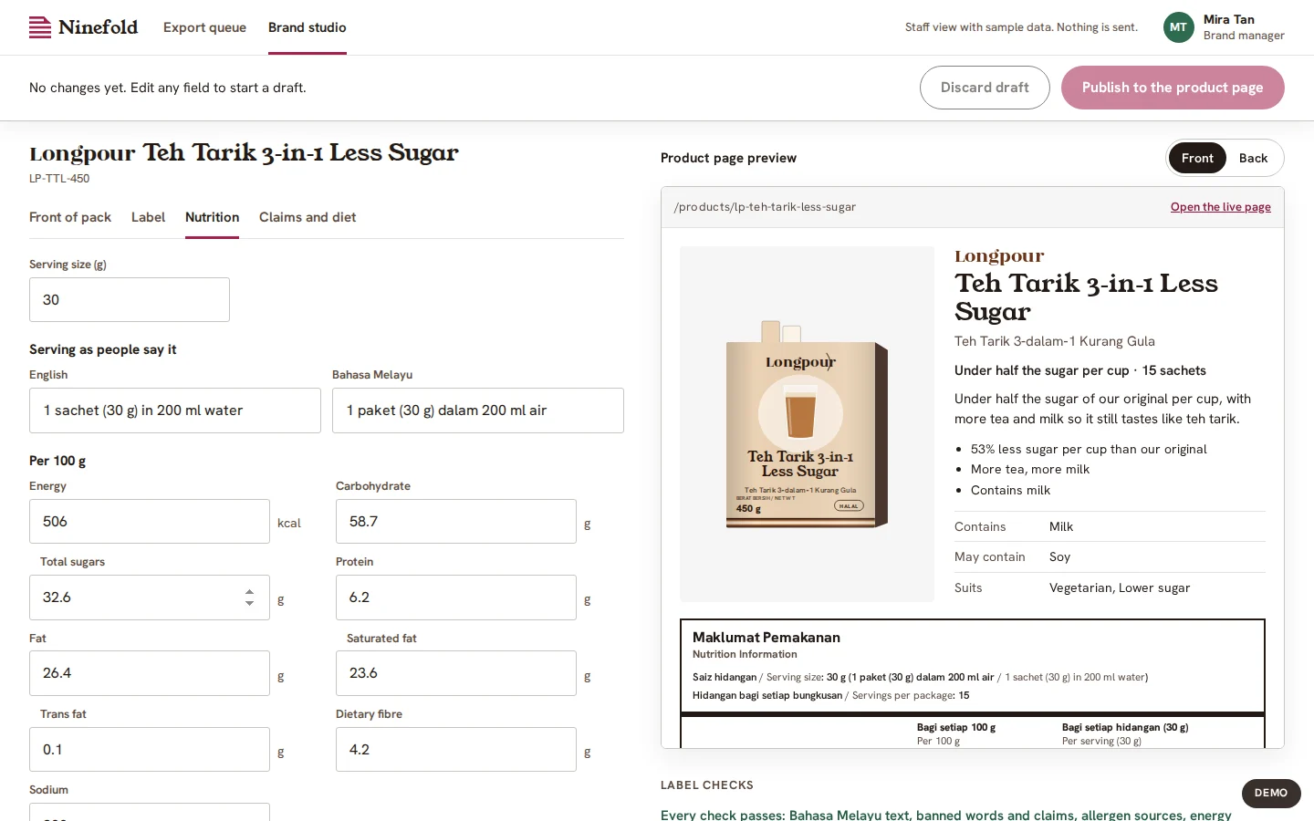 Label studio editing a teh tarik pack’s nutrition data beside a live product page preview, Ninefold Foods concept