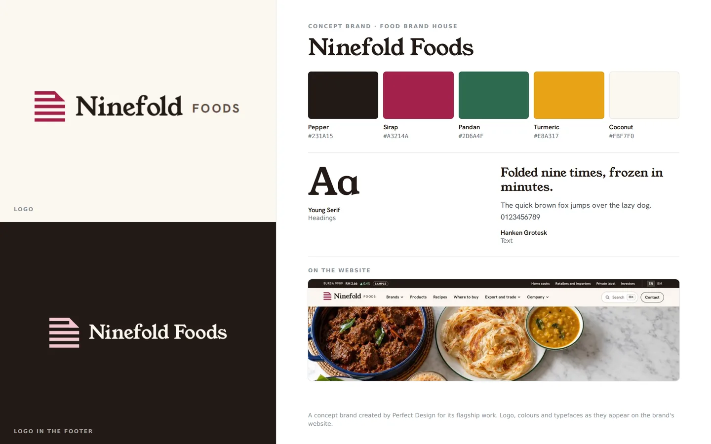 Ninefold Foods brand board: the logo on light and dark, five brand colours with their names and hex codes, the heading and text typefaces, and the brand’s website