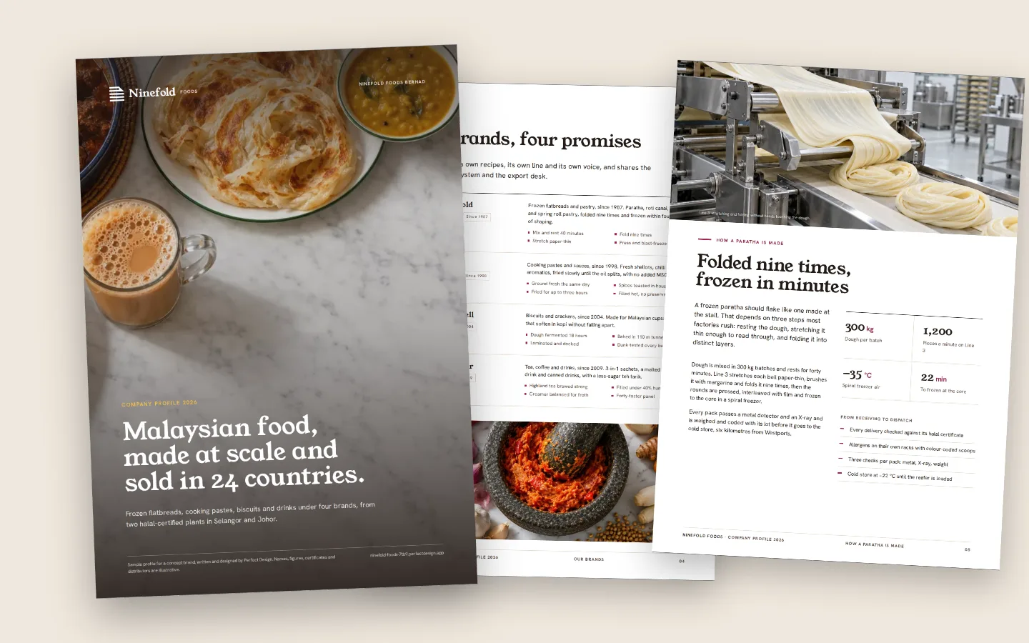 Three pages of the sample Ninefold Foods company profile: the cover with paratha and teh tarik, the brands page and how a paratha is made