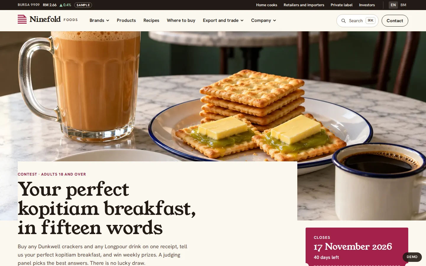 Kopitiam breakfast contest page with teh tarik and crackers, its closing date and how to enter, Ninefold Foods concept