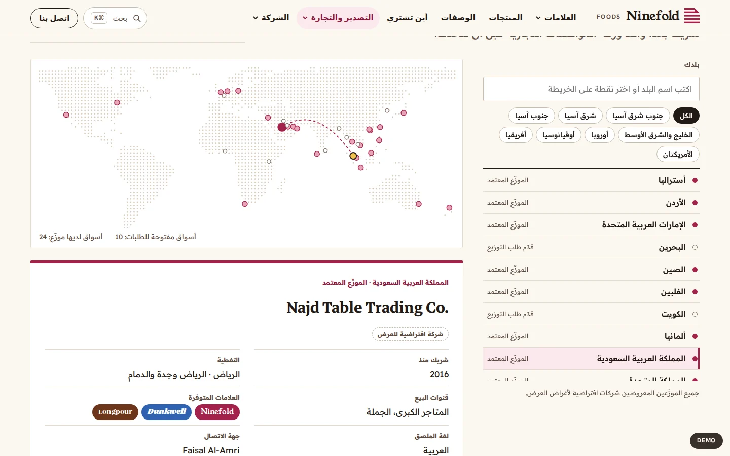 The export distributor desk in Arabic, laid out right to left for Gulf buyers, Ninefold Foods concept prototype