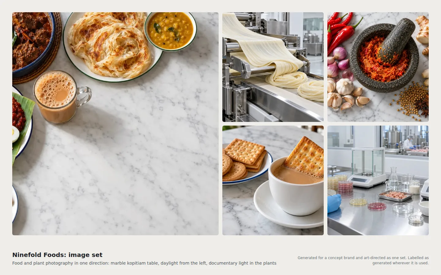 Ninefold Foods image set, generated for the concept: curry, paratha and teh tarik on marble, dough being folded on a line, spice paste in a mortar, crackers with tea and a food laboratory
