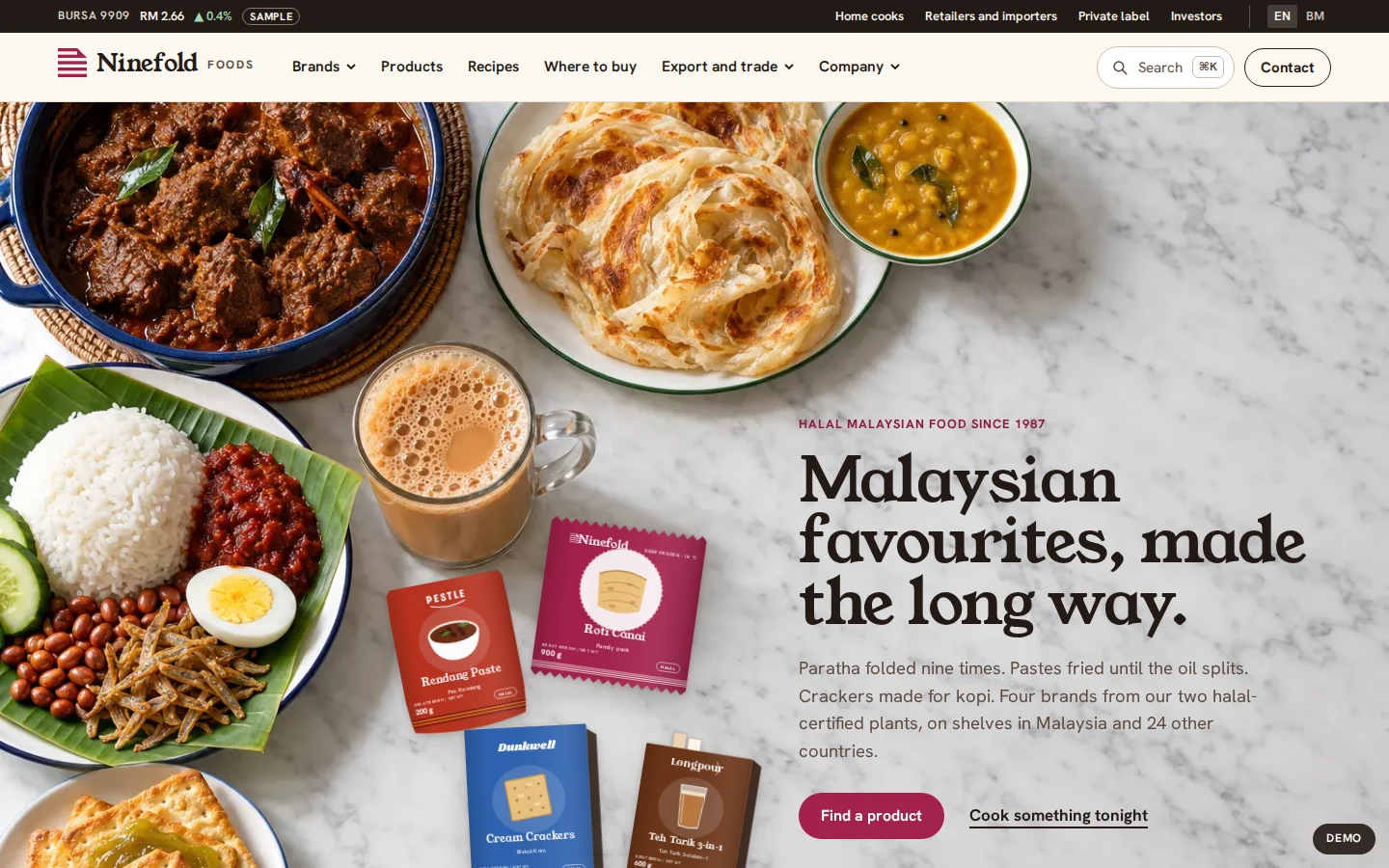 Halal food brand homepage, Malaysian favourites made the long way, with product packs on a kopitiam table, Ninefold concept
