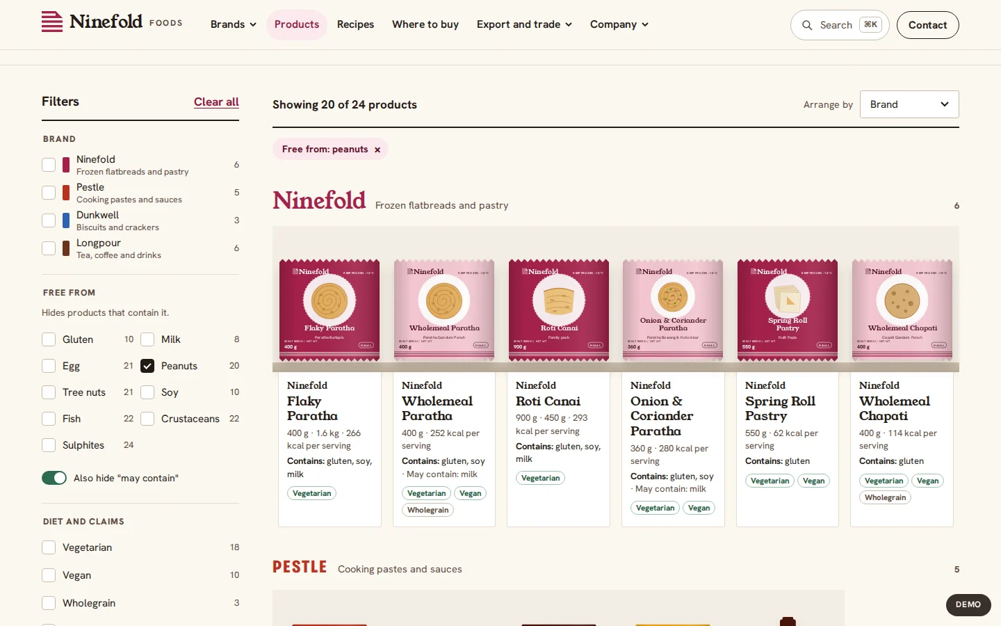 Food product finder filtered by brand, allergens and diet, showing frozen paratha packs, Ninefold Foods concept prototype