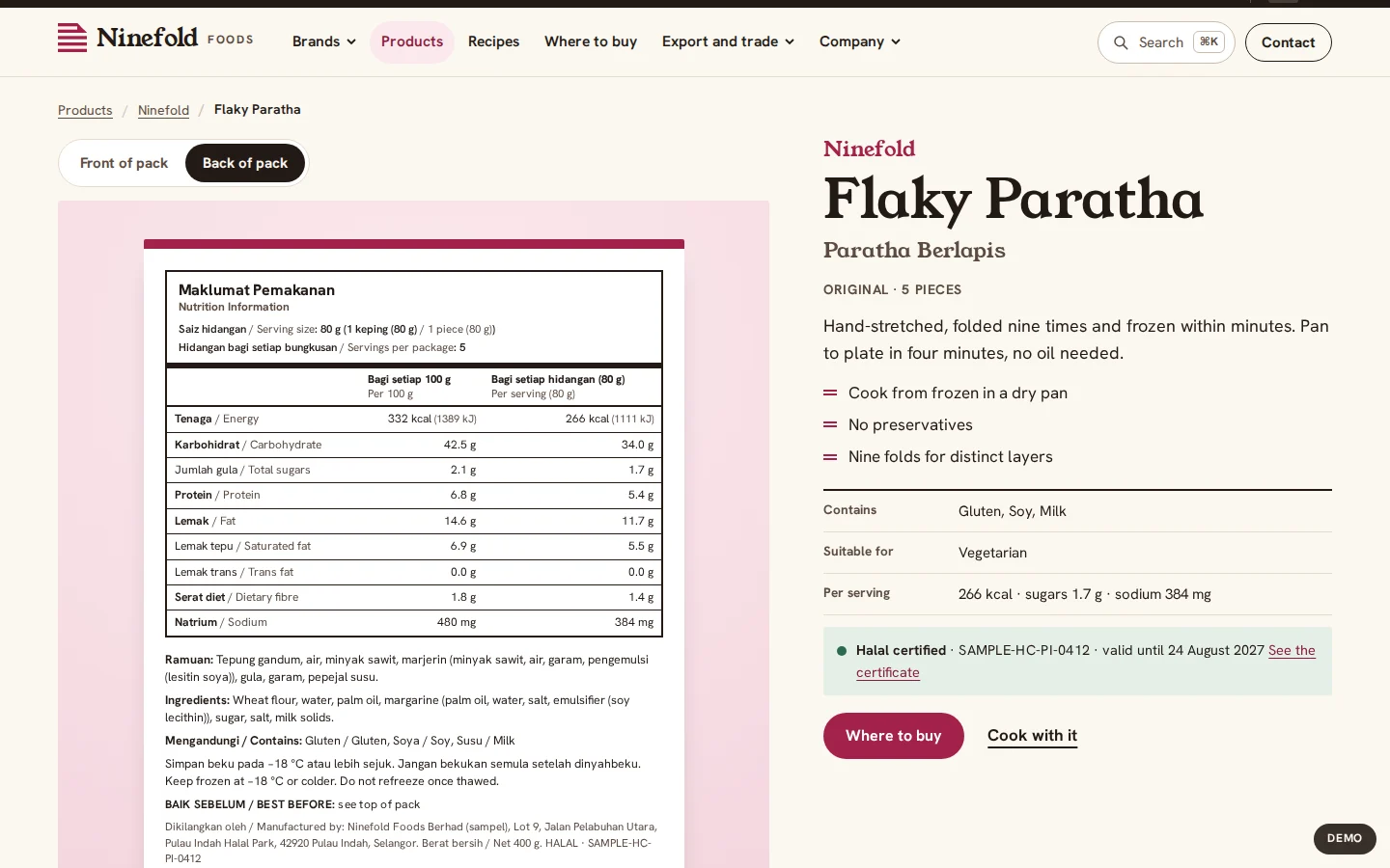 Product page for frozen flaky paratha with the Malaysian nutrition panel, ingredients and halal record, Ninefold concept