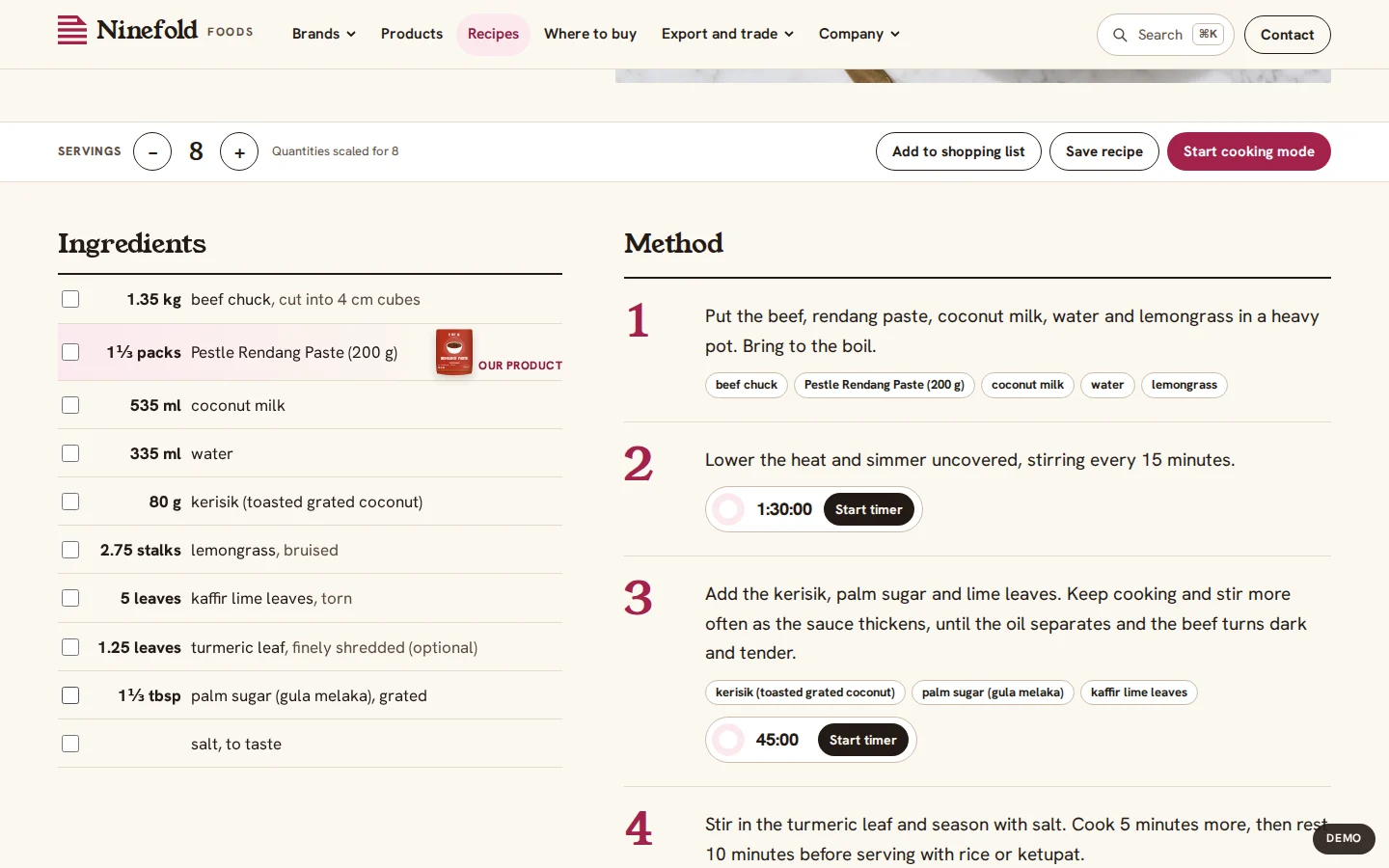 Beef rendang recipe scaled to eight servings, with linked products and step timers, Ninefold Foods concept prototype