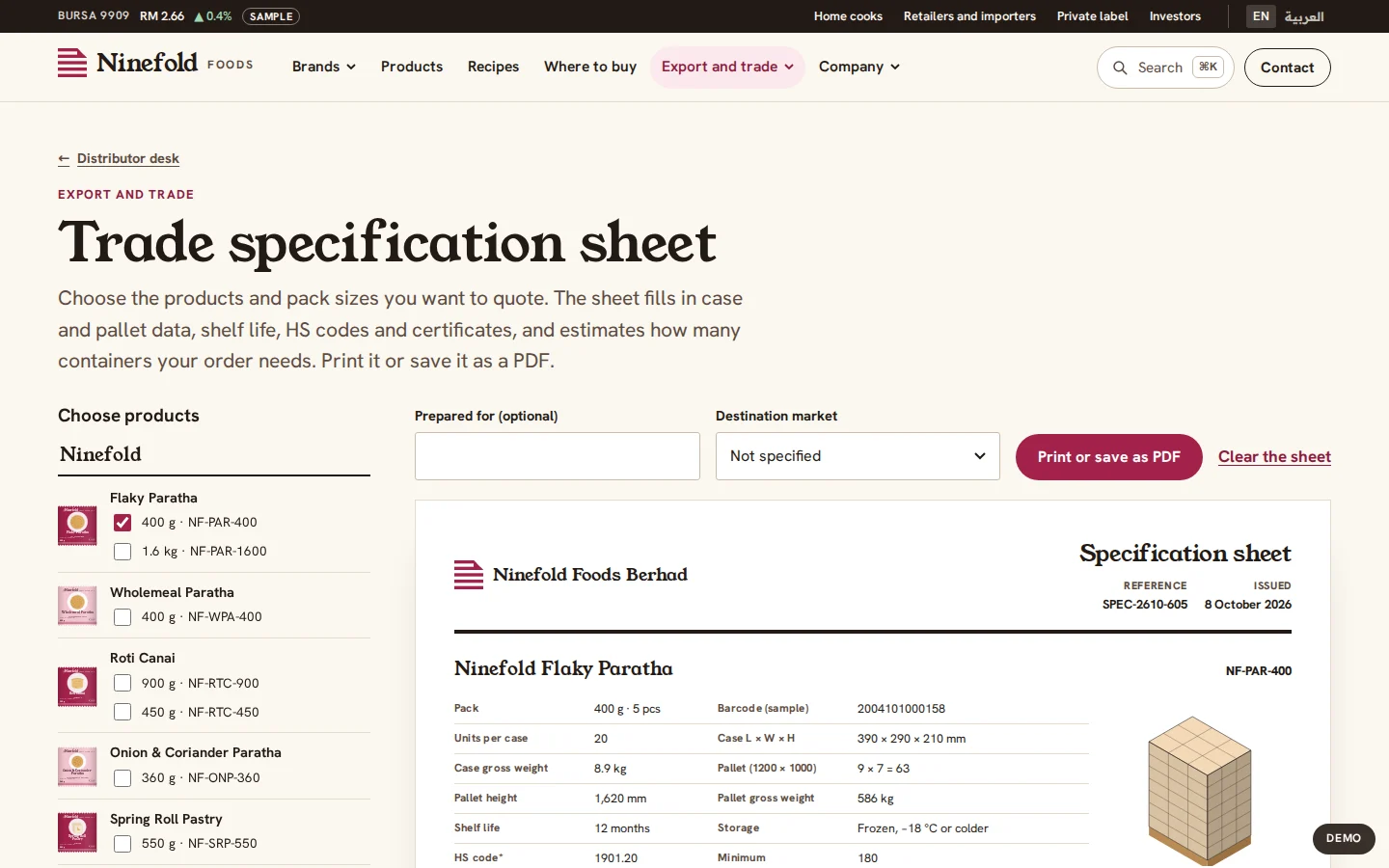 Trade specification sheet builder with case, pallet and HS code data for chosen products, Ninefold Foods concept