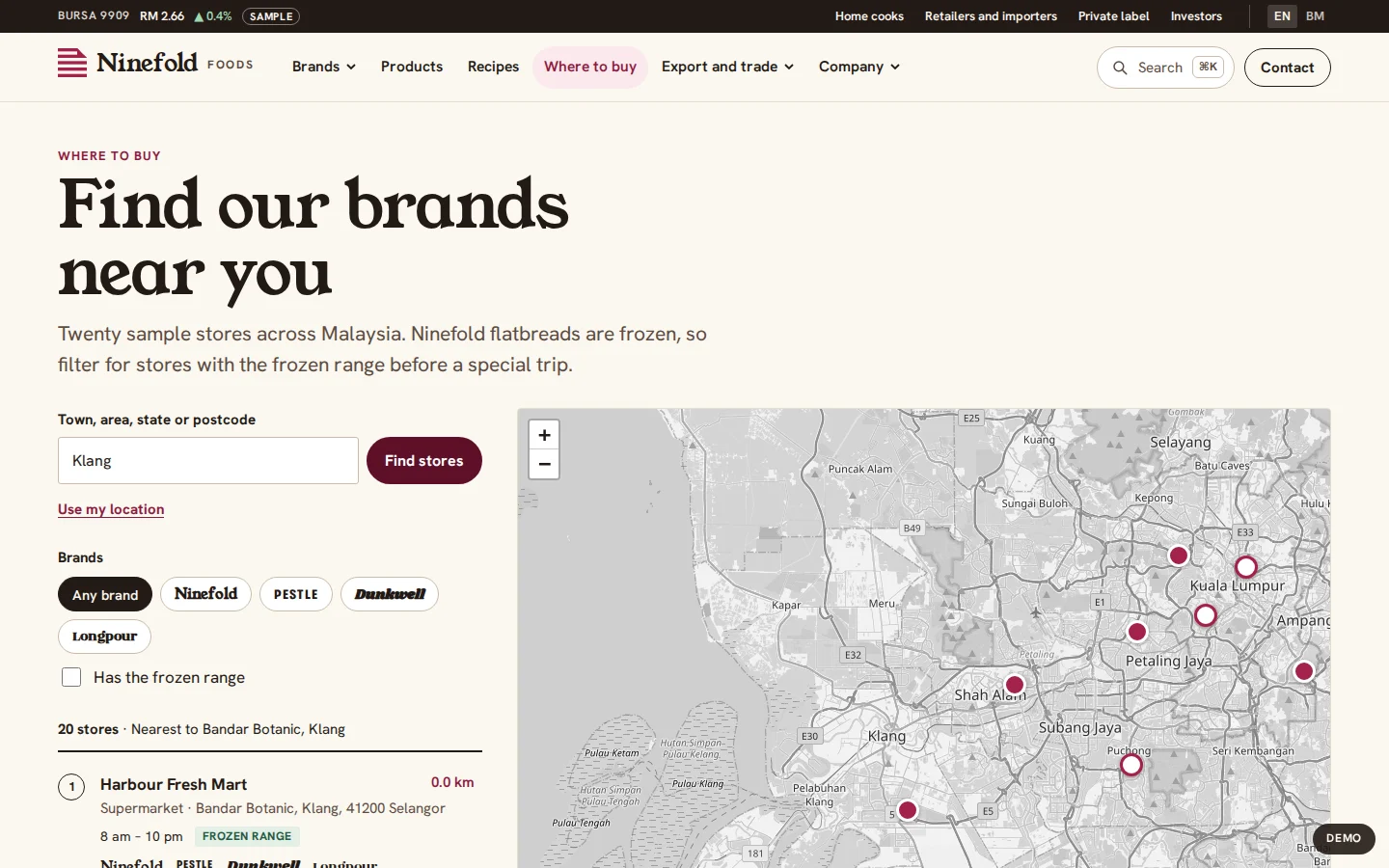 Where to buy: stores stocking the brands near Klang, listed beside a map, Ninefold Foods concept prototype