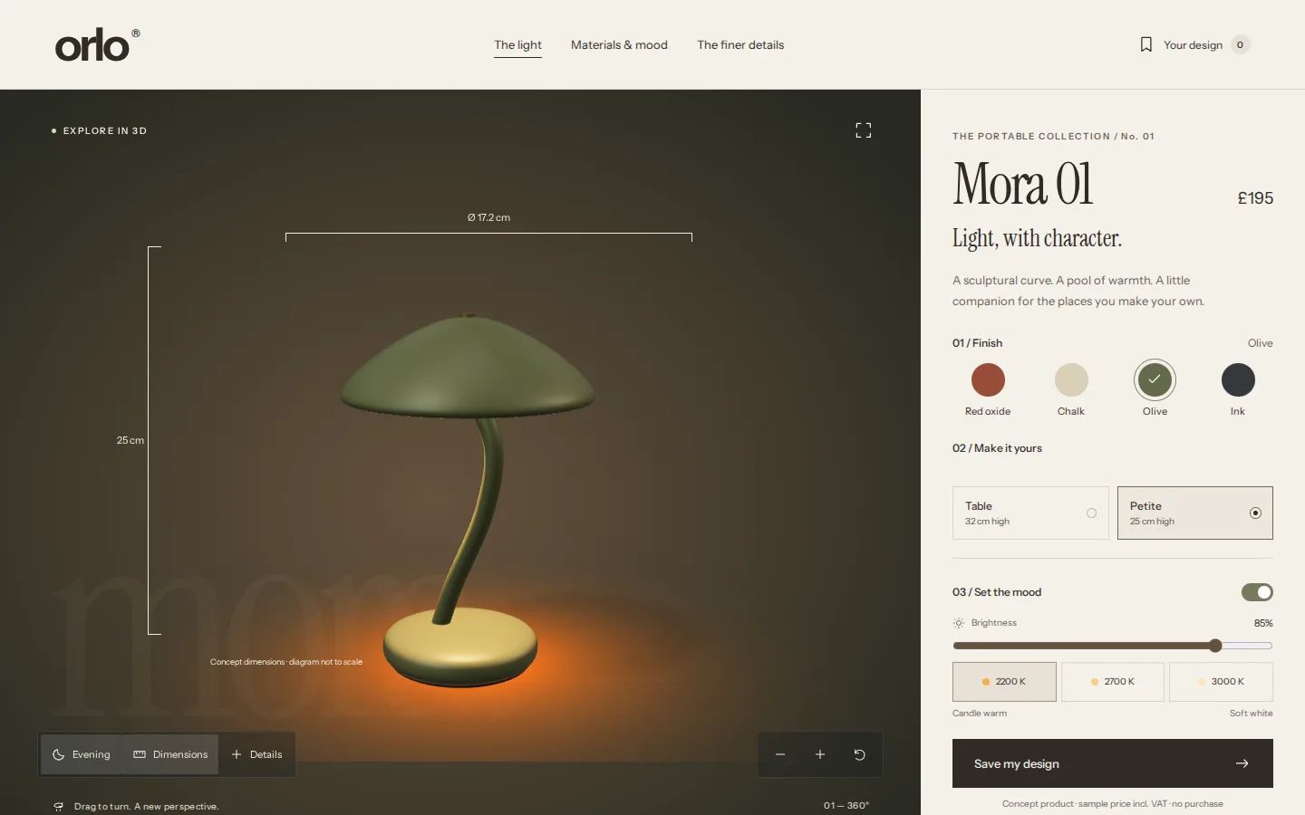 The 3D lamp with its height and shade diameter drawn over the model as concept dimensions, ORLO concept prototype