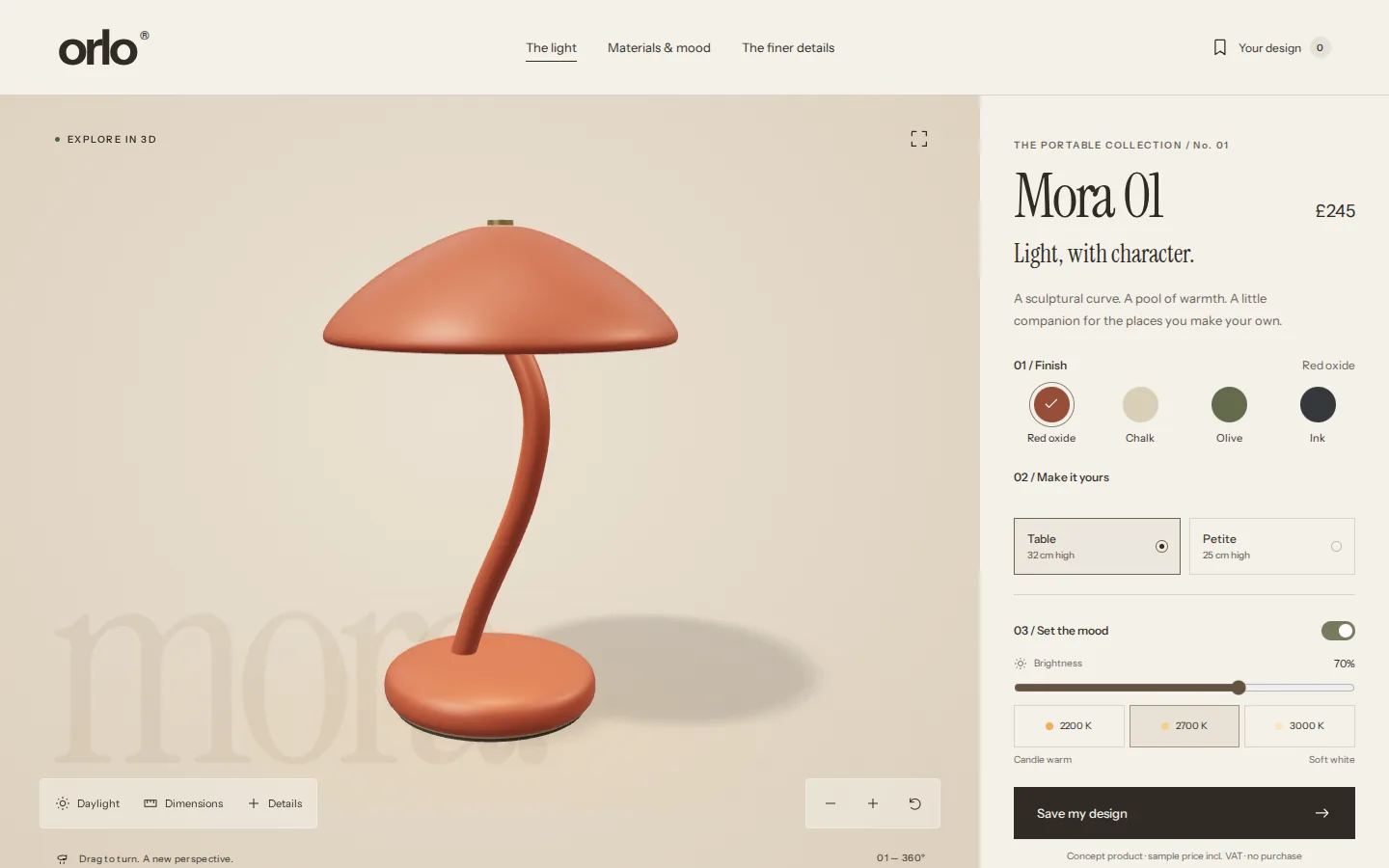 Lighting product page with a 3D model of a red table lamp beside finish, size and light options and a save button, ORLO concept prototype