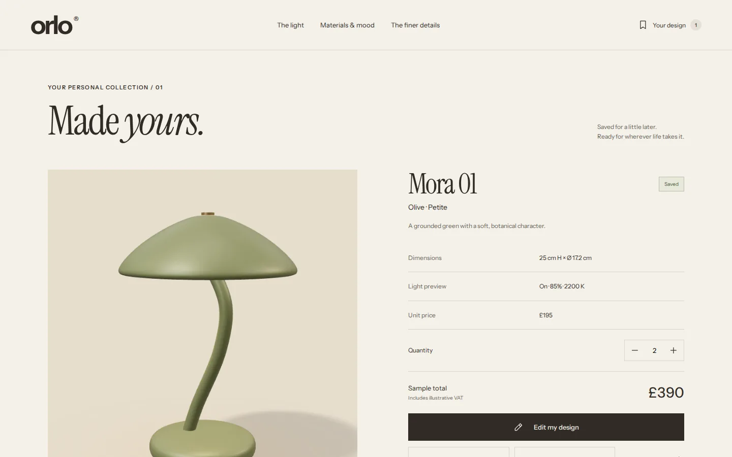 Saved lamp design with finish, size, light setting, a quantity of two and a sample total, ORLO concept prototype
