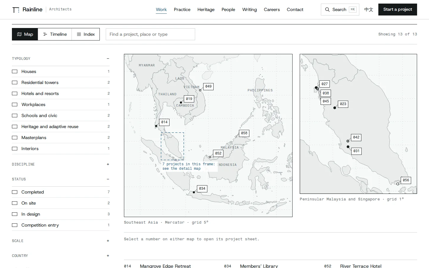 Project atlas map of Southeast Asia with numbered architecture projects and filters, Rainline Architects concept prototype