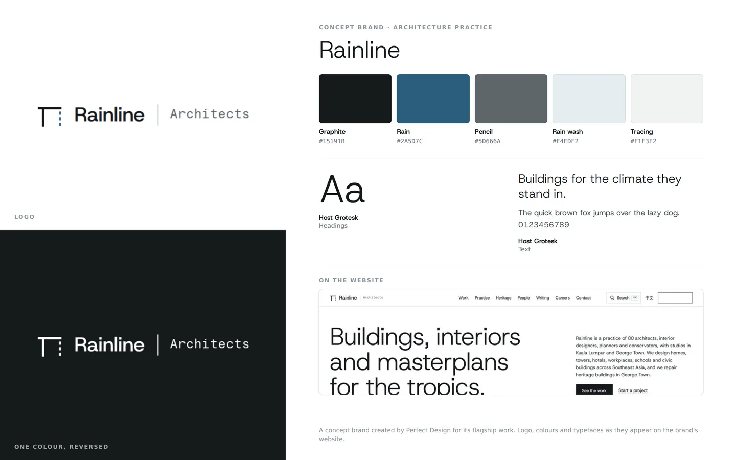 Rainline brand board: the logo on light and dark, five brand colours with their names and hex codes, the heading and text typefaces, and the brand’s website