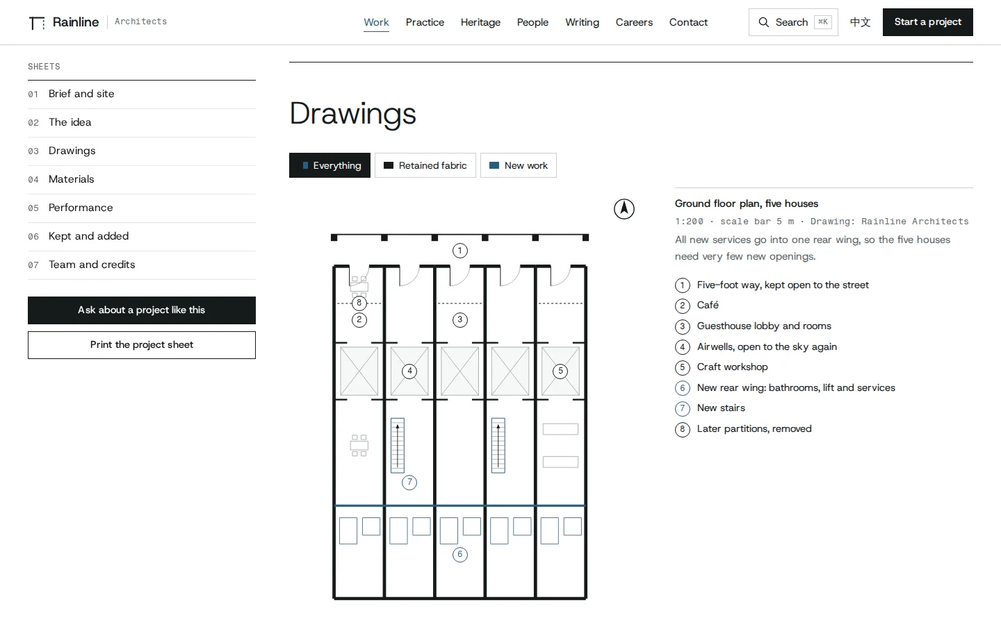 Case study drawing set: ground floor plan of five heritage houses with numbered rooms, Rainline Architects concept